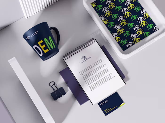 DEM - Dynamic Estates and Metro Infra logo and visual identity