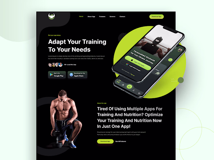 Fitness app landing page UI design.