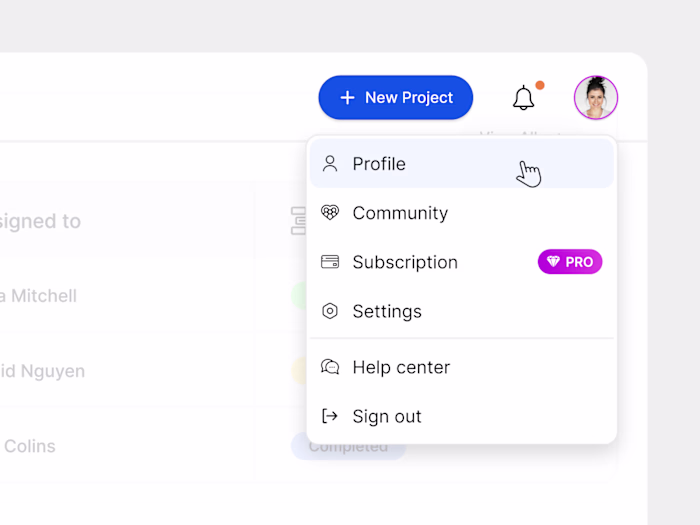 Profile dropdown menu design.