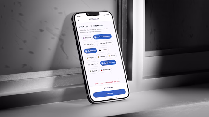 Add Interests Screen from our Add Letter Newsletter Reading App