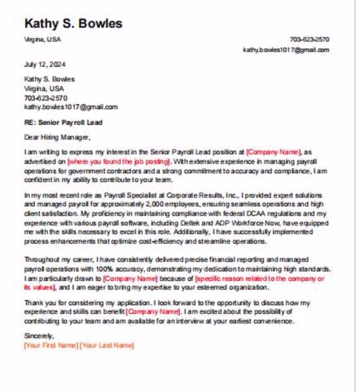 Kathy's Cover Letter