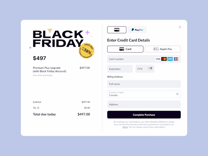 A checkout modal designed for a Black Friday campaign, featu...