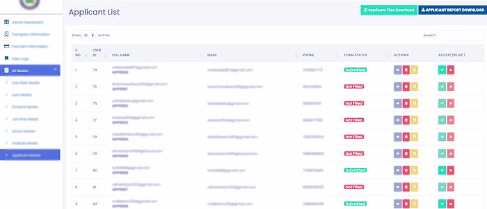 A recruitment portal with Applicant signups, password resets...