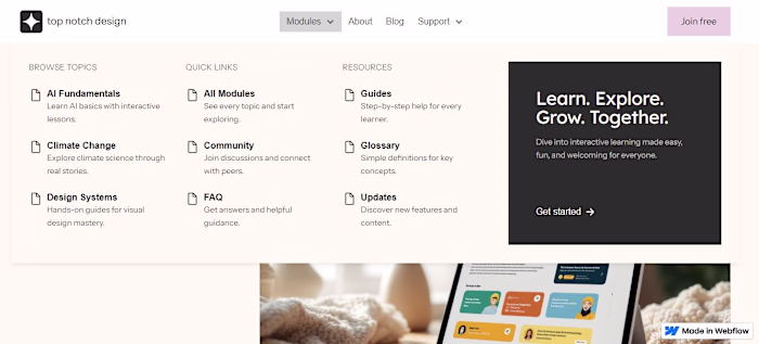 I build Top Notch design on webflow for Interactive Knowledg...