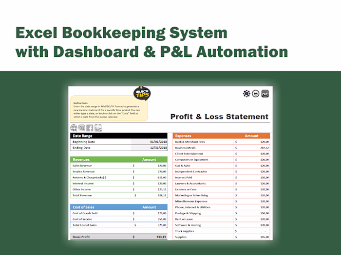Excel Bookkeeping System with Dashboard & P&L Automation