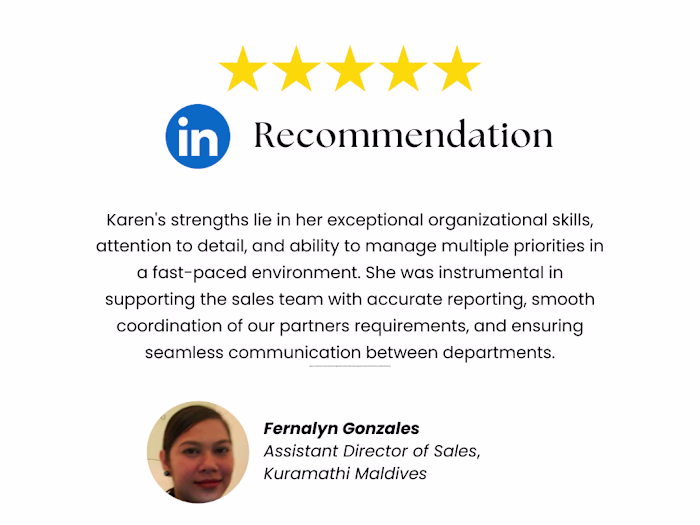 Rec on Karen’s strengths: CRM, admin, support & in travel tech