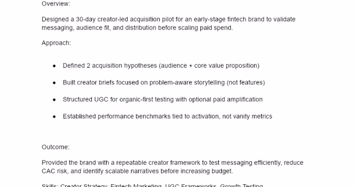 30-Day Creator-Led Acquisition Pilot for Fintech