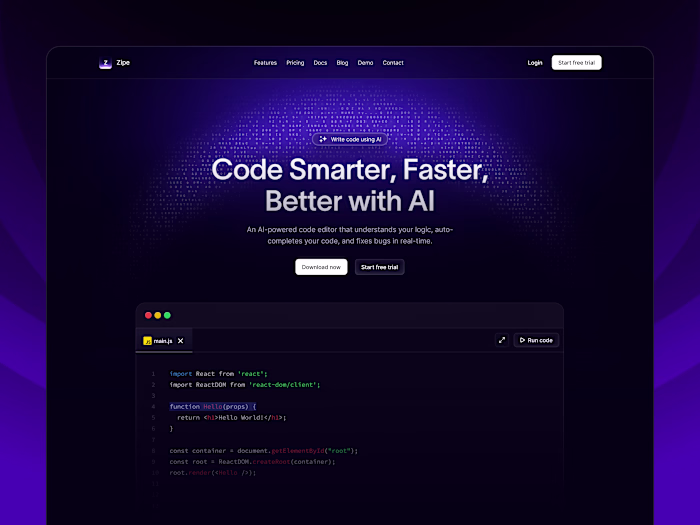 Hero design for the AI code assitant website