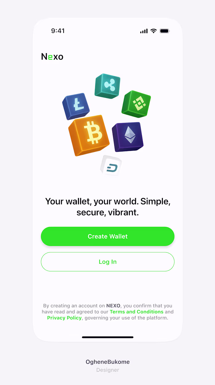 Excerpts showcasing the design of Nexo Crypto Wallet’s Start...