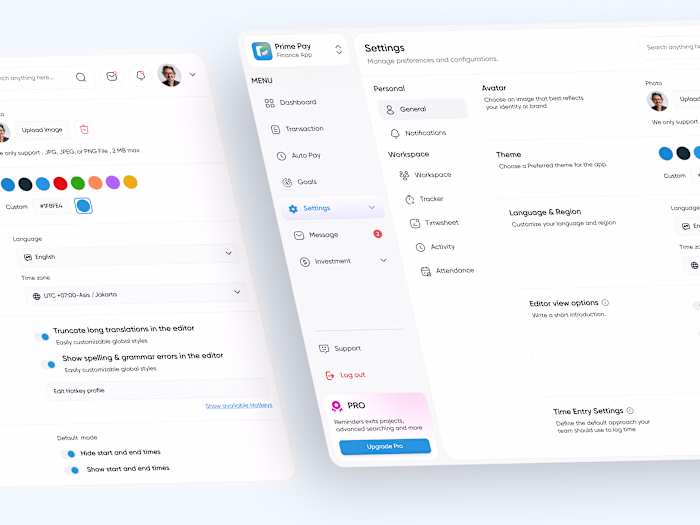 Prime Pay - Finance Dashboard Setting Page