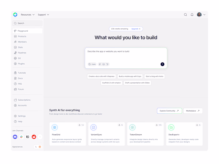 AI agents vibe coding dashboard: SnythAI SAAS product design