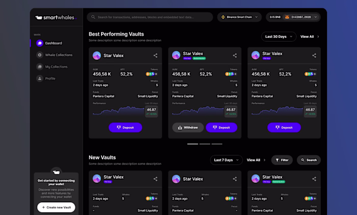 Crypto whales platform. Landing page and Dashboard