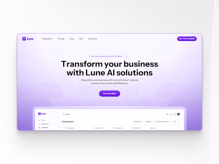 AI Dashboard Landing Page Design - Lune 