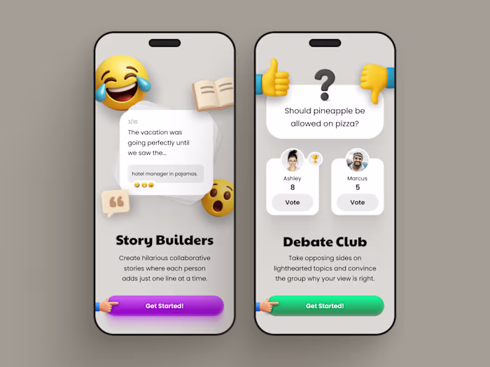 Playful Social Gaming UI: Story Builders & Debate Club