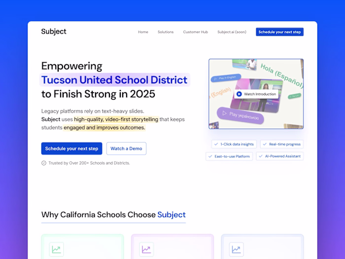 Landing page design for Subject