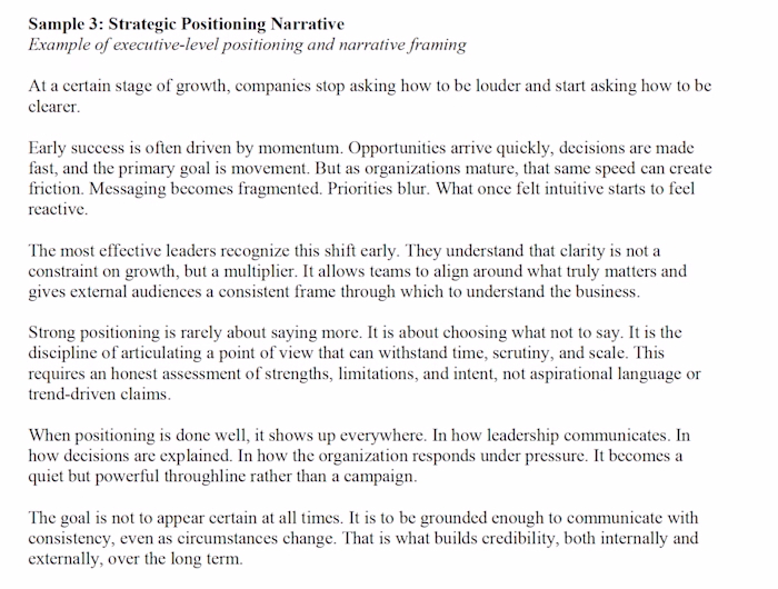 This sample reflects executive-level narrative