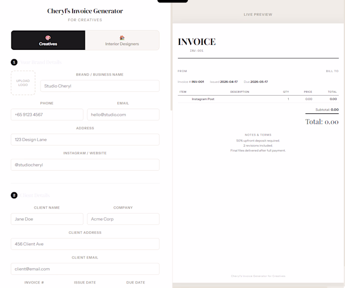 Customizable Invoice Generator for Creatives & Designers
