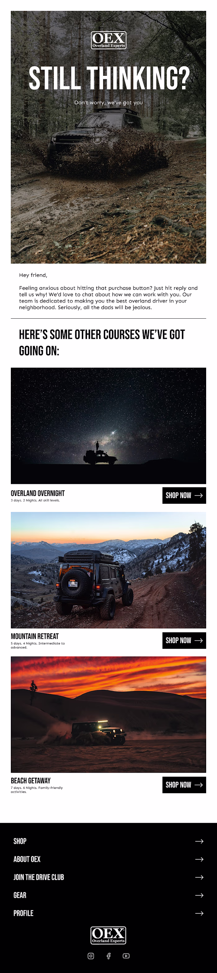 Abandoned cart email design for an overland/offroad training...