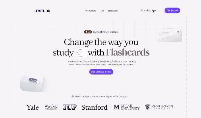 Unstuck Smart Flashcard App Landing Page Design