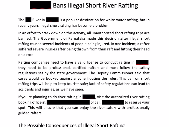 Safety Information for River Rafting Company