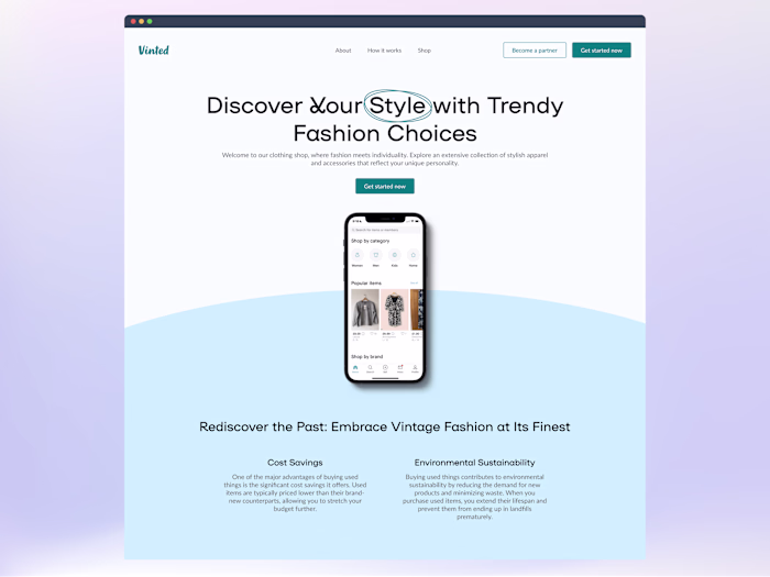 Landing page for Vinted 