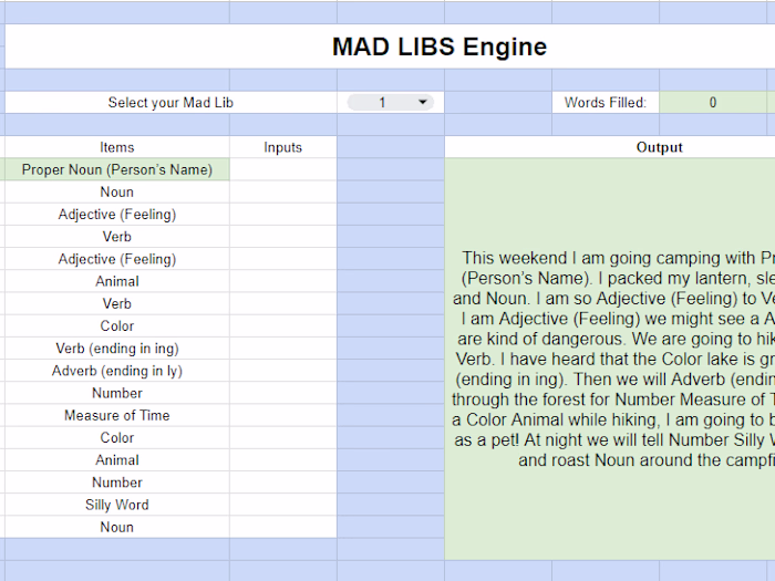 Mad Lib Game Template