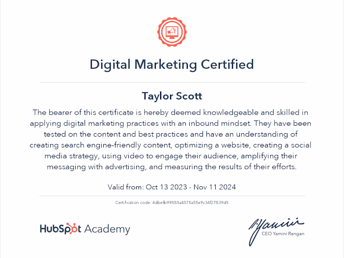 Hubspot Digital Marketing Certificate