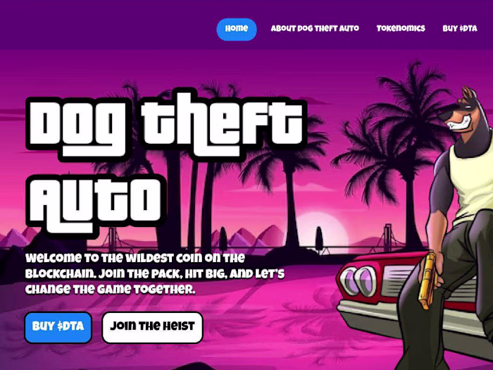 Landing Page For a Memecoin Dog Theft Auto $DTA