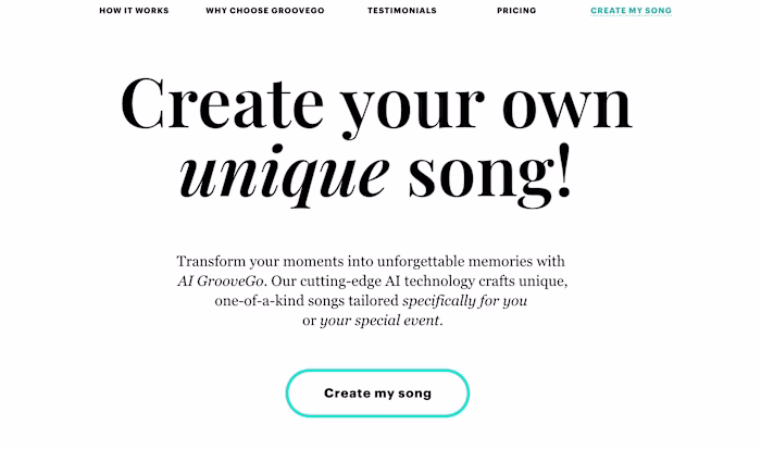 Website for GrooveGo, a company that develops AI for songwriter