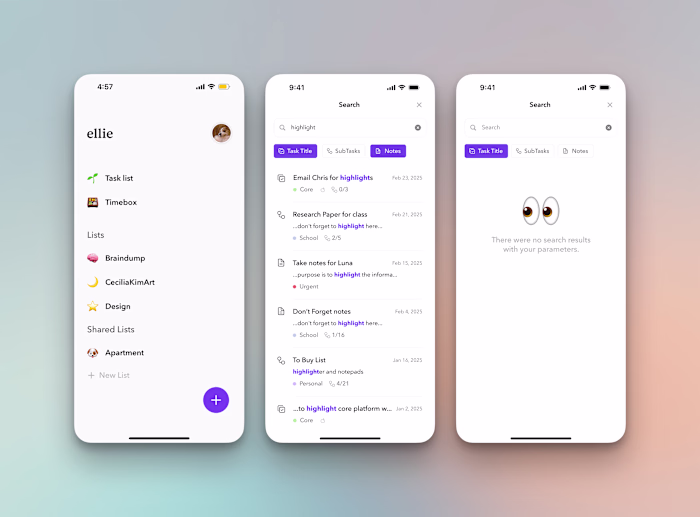 Search Screen for Ellie Productivity App 