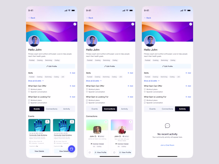 Profile Experience — Events, Connections & Activity
