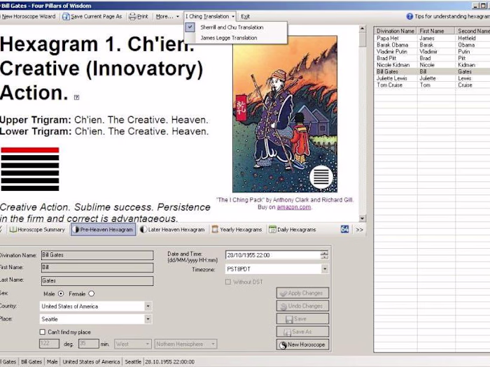 Four Pillars of Wisdom. Chinese I Ching Astrology Software.