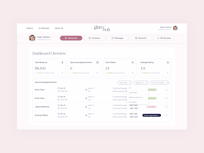 GlamHub for Artists – Bridal Beauty Dashboard