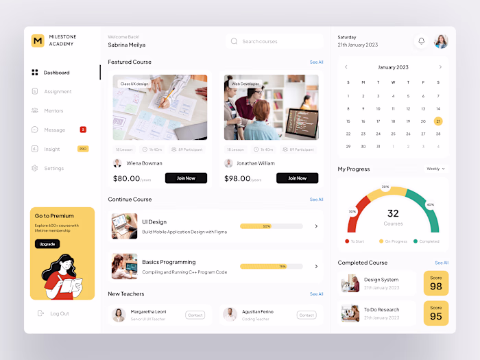 Milestone Academy - E Course Dashboard