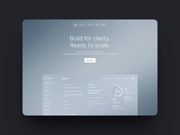Clario UI – Minimal SaaS Dashboard Concept