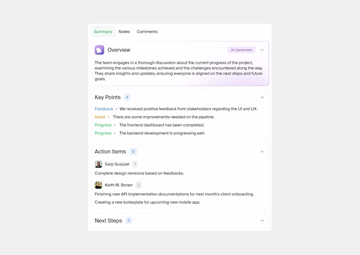 An AI-powered summary interface designed to turn long meetin...