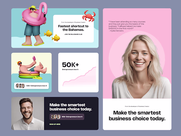 Entrepreneurs Coaching Platform UI and Ad Creatives