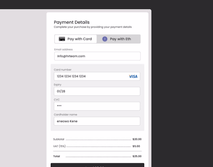Payment processing screen 