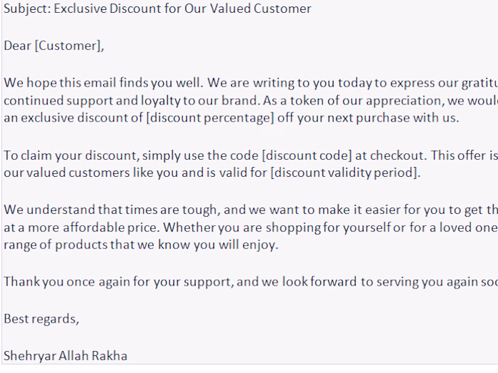 EmailCopy: Exclusive Discount for Our Valued Customer