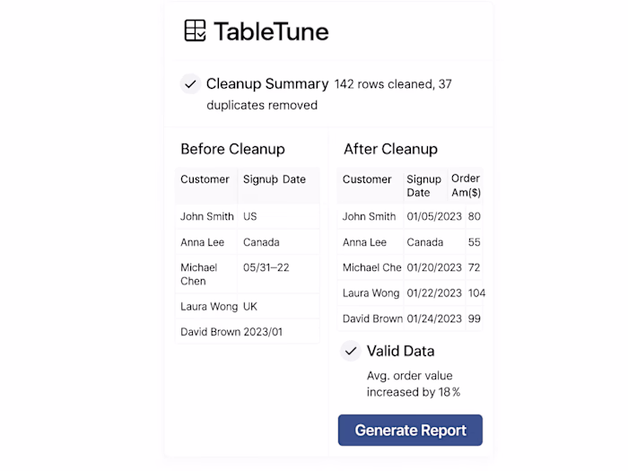 TableTune – Data Cleanup & Smart Insights Tool
