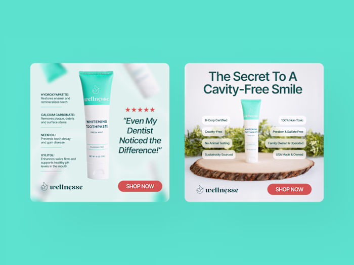 Two ad creatives for a toothpaste brand