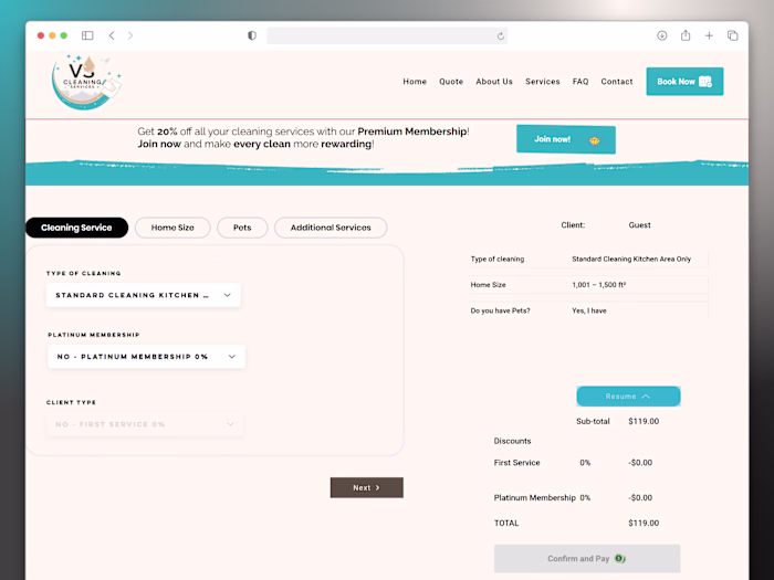 Custom Quote & Booking System for Cleaning Services VS