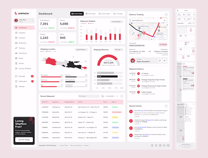 Responsive Logistics Dashboard and Calendar for ShipNow