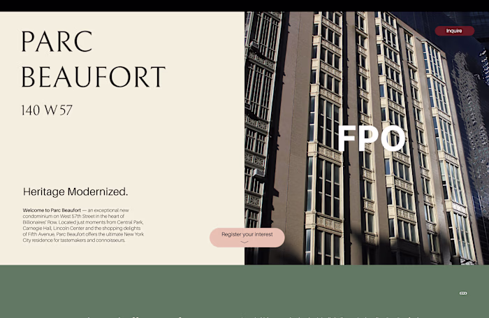 Landing page for a new condominium  in NY