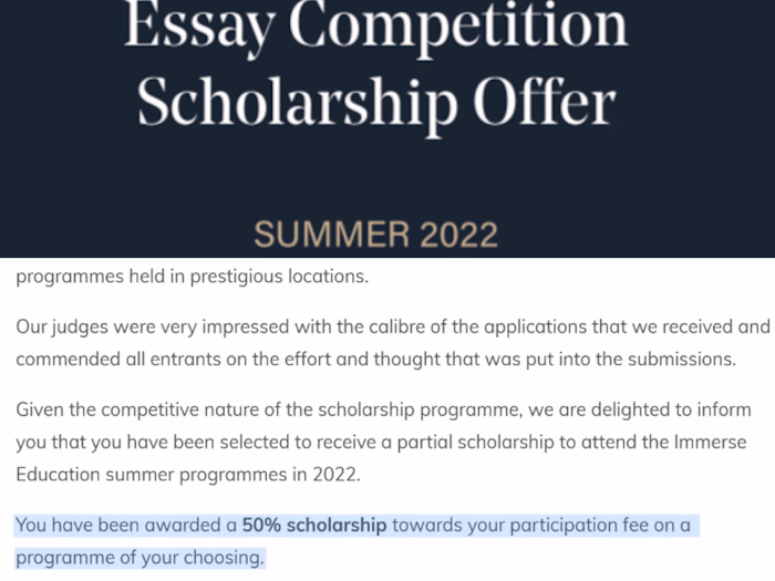 Immerse Essay Competition. Awarded a 50% scholarship for Oxford