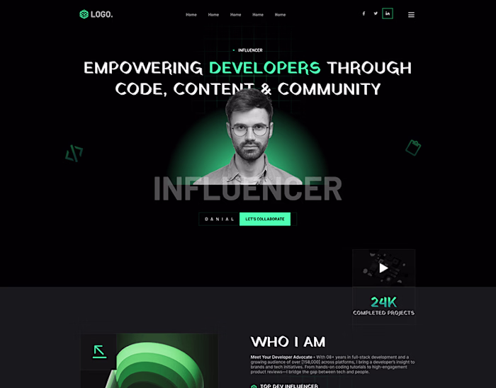 Tech influencer portfolio website design.
