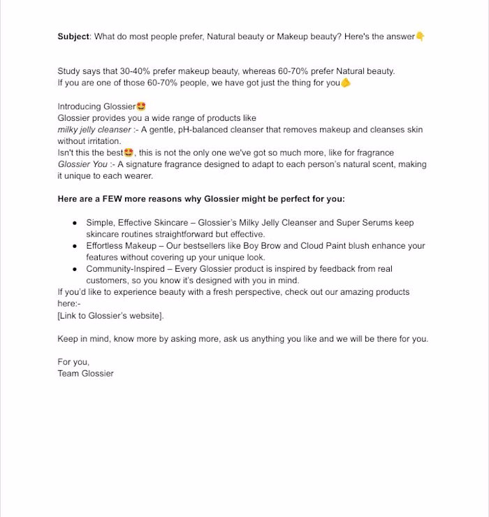 Cold email for Glossier 