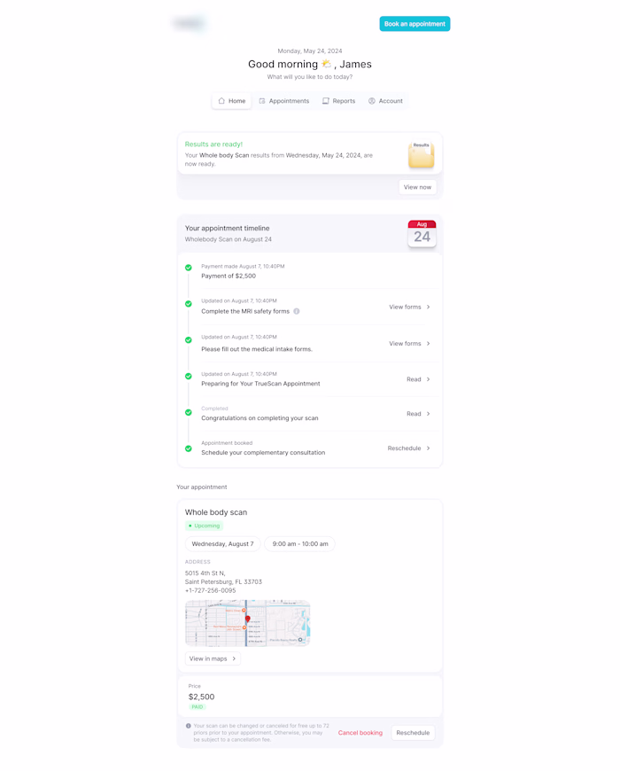 Patient portal for CT scanning service provider