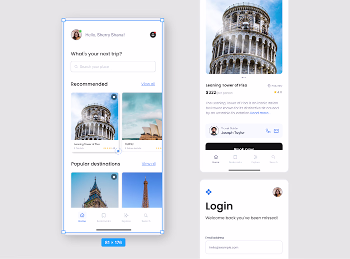 Travel App - Booking screens