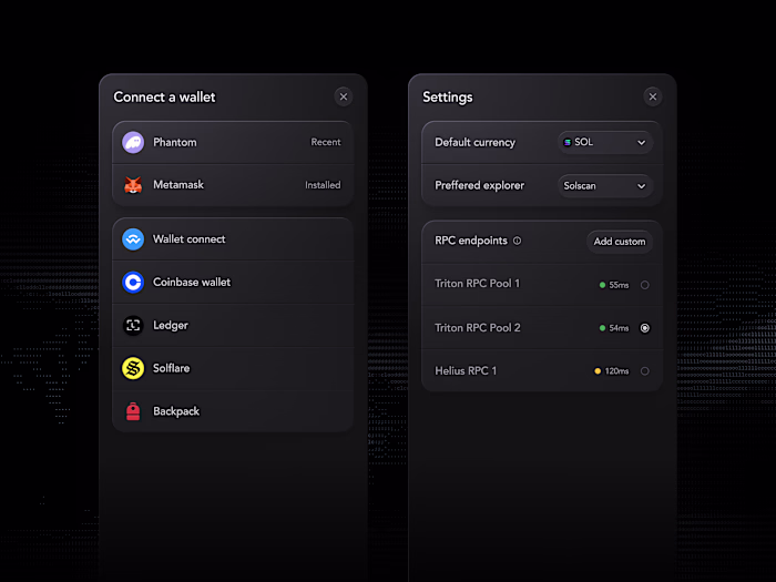 Wallet connection & settings. Work in progress